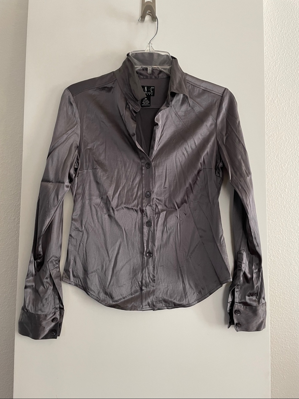 INC Pure SILK Blouse/Top Button Down Long Sleeve Grey